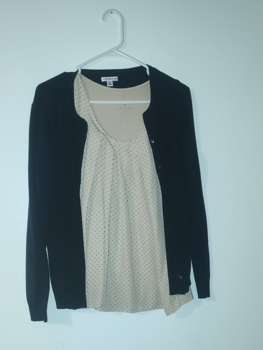 Black Cardigan with Cream Polka Dot Shell Top